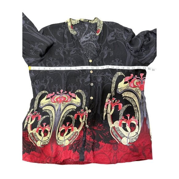 Citron Santa Monica Silk Top Button-Up Black Red Print Long Sleeve Womens Size L - Picture 4 of 5